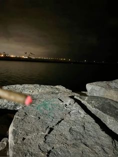 a baseball bat sitting on top of a rock next to the ocean at night time