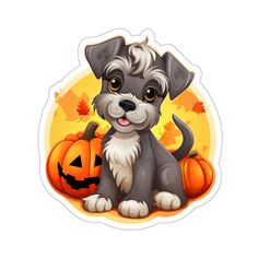 a sticker with a dog and pumpkins