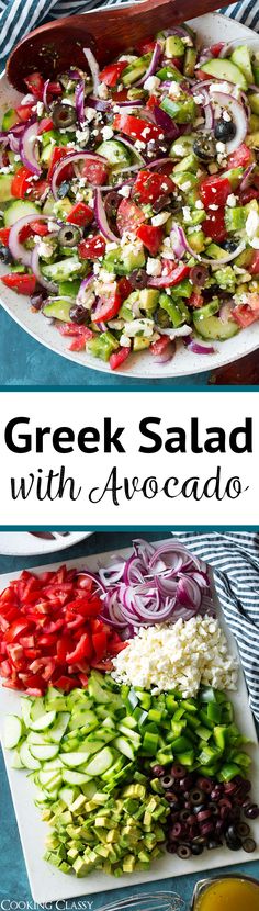 greek salad with avocado and olives is ready to be served in the oven