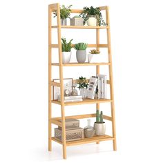 a wooden shelf filled with potted plants