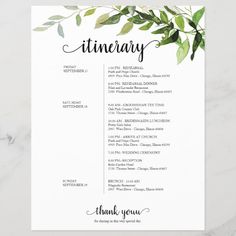 a wedding ceremony program with greenery on it