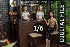 two dolls sitting at a bar in front of a mirror