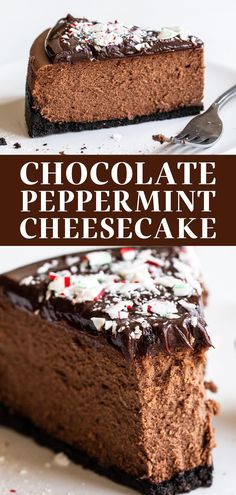 a slice of chocolate peppermint cheesecake on a plate