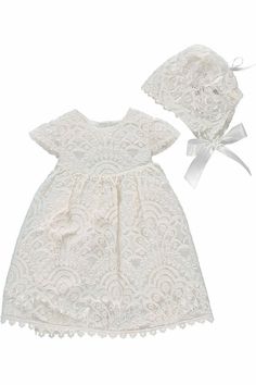 Baby Girl Baptism Special Occasion Lace Dress with Bonnet - Carriage Boutique Christening Gowns Baby Girl, Baby Christening Dress, Catholic Baptism, Baby Frock Pattern, Baptism Gown, Girl Baptism, Frock Patterns, Girls White Dress, Christening Gown