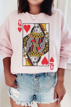 Queen of hearts graphic sweatshirt premium cotton unisex sizing classic fit Heart Sweatshirt, Pink Sand, Queen Of Hearts, Pink Sweatshirt, Grey And White, Gray Color, Graphic Sweatshirt, Queen, Plus Size