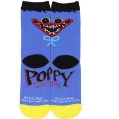 Upgrade your child's sock game with these Poppy Playtime Youth Crew Socks. These blue socks feature a Huggy character and logo design with a contrasting yellow toe. The eye-catching design will make them the envy of their friends. These socks are designed with durability and comfort in mind. They are made with soft, great materials that keep feet nice and cozy. Whether your little one is playing games, going to school, or hanging out with friends, they offer a comfortable and snug fit for all-da Cute Blue Socks For Playtime, Sock Game, Blue Socks, Going To School, Poppy Playtime, Kids Socks, Playing Games, Play Time, Crew Socks