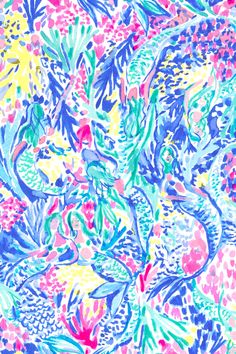 an abstract painting with many different colors and patterns on it, including blue, pink, yellow