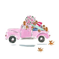 a drawing of a pink truck with surfboards in the back and gingerbreads on the side