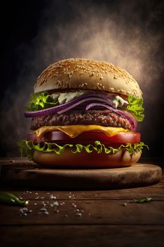 a hamburger with lettuce, tomato and onion on a cutting board in front of a dark background