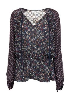 Flirty and feminine, this peplum blouse from Derek Lam is a must-have! Its intricate mix of florals creates an eye-catching pattern, adding a touch of bohemian charm to the luxe silk number. Finished with a tie neckline and playful ruffles, this whimsical top is the perfect pairing for light-wash jeans and slide sandals. Size 6 100% Silk Pullover V-neckline w/ ties Peplum design Long sleeve Buttoned cuffs Ruffled trim Elastic waistband Bust 40" Waist (unstretched) 25” Shoulder to hem 25.5" Sleeve length 28" Bohemian Ditsy Floral Print Tops For Fall, Feminine Ditsy Floral Print Tops For Fall, Feminine Tops With Ditsy Floral Print For Fall, Chic Ditsy Floral Print Tops For Fall, Fitted Blouse With Ditsy Floral Print For Fall, Fall Ruffle Viscose Tops, Elegant Floral Print Patterned Tops, Fitted Tops With Ditsy Floral Print For Fall, Fitted Top With Ditsy Floral Print For Fall