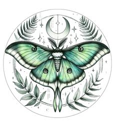 a drawing of a moth with leaves around it and the moon in the background, surrounded by greenery