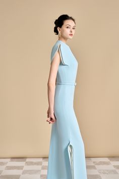 Crafted from luxurious polyester, this ankle length dress is sure to turn heads. The cap sleeves add a touch of grace, making you feel confident and empowered. Elevate your style with this exquisite piece from our collection. Elegant Blue Maxi Dress With Cape Sleeves, Blue Maxi Dress With Cape Sleeves, Blue Fitted Maxi Dress With Cape Sleeves, Fitted Blue Maxi Dress With Cape Sleeves, Chic Blue Dresses With Cape Sleeves, Blue Summer Dresses With Cape Sleeves, Fitted Maxi Dress With Cape Sleeves For Summer, Blue Spring Dress With Cape Sleeves, Elegant Fitted Light Blue Maxi Dress