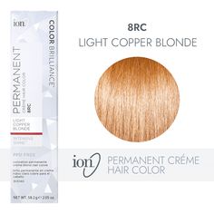 ion Color Brilliance Permanent Creme Hair Color utilizes pure ionic micro pigments for deeper, more intense color. Ion 8RC Light Copper Blonde Permanent Creme Hair Color | Blonde | 2.05 oz. | Sally Beauty 8rc Light Copper Blonde, Ion 7rc Medium Copper Blonde, Strawberry Blonde Hair Formula, Light Copper Blonde Hair, Blonde Orange Hair, Golden Honey Blonde Hair, Light Copper Blonde, Golden Copper Hair Color, Loreal Preference