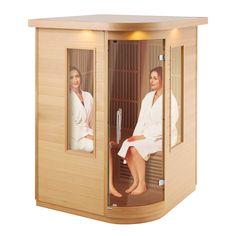 two women sitting in a sauna