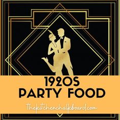 the 1920's party food logo with an image of a man and woman dancing