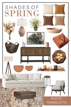 a living room filled with furniture and decor in shades of brown, tan and white