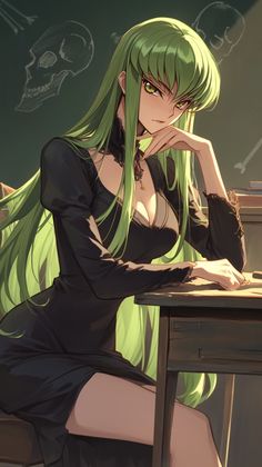 a woman with green hair sitting at a desk