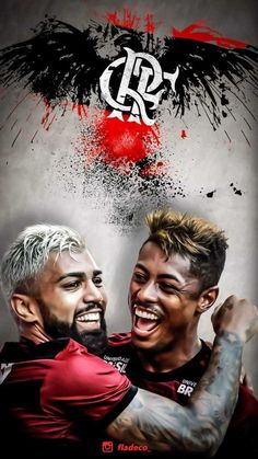 two soccer players hugging each other in front of a black and red background with the words cr