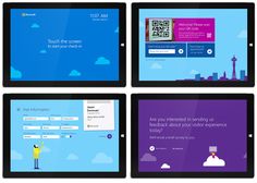 four screens showing different types of webpages on tablet devices with qr code