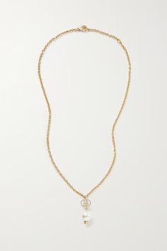 Gucci's necklace is an instantly recognizable piece, thanks to the interlocking 'GG' pendant strung on the gold chain. It's encrusted with crystals and anchored by a lustrous faux pearl and polished spike. Gold-tone Necklace With Logo Charm For Formal Events, Formal Gold-tone Necklace With Logo Charm, Elegant Gold-tone Chain Necklace With Logo Charm, Elegant Gold-tone Necklace With Logo Charm, Gucci Gold Chain Jewelry, Elegant Pendant Chain Necklace With Logo Charm, Gucci Yellow Gold Diamond Jewelry, Gucci Diamond Jewelry In Yellow Gold, Luxury Charm Necklaces With Cable Chain