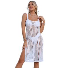 White Hollow Out Split Sling Beach Cover Dress Summer Hollow Out Beach Dress For Vacation, Summer Beach Dress With Hollow Out For Vacation, Casual Hollow Out Beach Dress, Summer Fashion Sundress For The Beach, Vacation Beach Sundress In Summer Style, Sleeveless Hollow Out Beach Dress For Beach Party, Sleeveless Hollow Out Beach Dress For Summer, White Spaghetti Strap Beach Dress For Vacation, White Spaghetti Strap Sundress For Beach