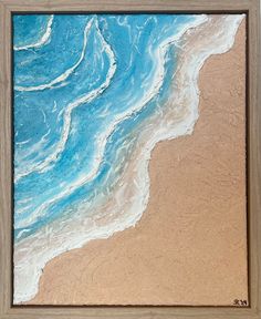 an abstract painting of blue and white waves in the sand on a beach with wooden frame