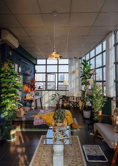 a living room filled with lots of furniture and plants on top of it's windows