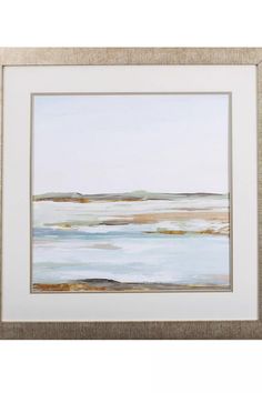 an abstract painting with white and blue colors on the water, in a gold frame