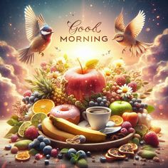 an apple, bananas, oranges and other fruits on a plate with the words good morning above it