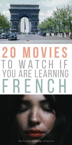 the cover of 20 movies to watch if you are learning french, with an image of a woman's face in front of the eiffel tower