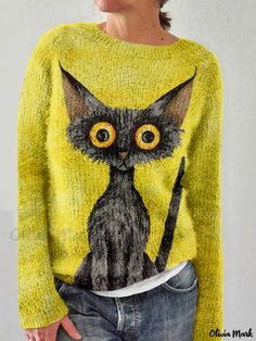 OliviaMark - Charmanter Vintage-Pullover mit schwarzer Katzengrafik Black Cat Print, Cat Sweater, Jersey Vintage, Winter Chic, Cat Graphic, Knit Hats, Loose Outfit, Yellow Sweater, Cozy Sweater