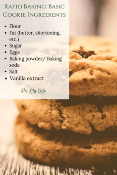 chocolate chip cookies stacked on top of each other with the words baking basics written below