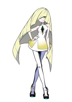 an anime character with long blonde hair and white dress, holding a yellow object in her hand