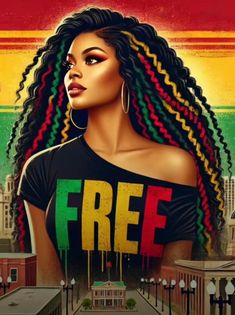 a painting of a woman with dreadlocks and a free t - shirt on