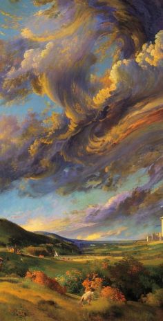 a painting of clouds over a rural landscape