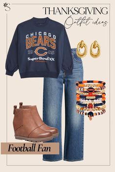 Thanksgiving Outfit Ideas - Football Fan Chicago Bears Thanksgiving Day Outfits, White Tee Jeans, Thanksgiving Outfit Ideas, Thanksgiving Outfits, Sweater Bags, Puffy Coat, Studded Jeans, Stretchy Pants