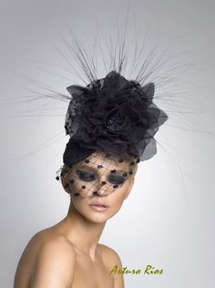 I personally love this headpiece, you can see this type of hats on high end magazines, Love the high fashion look. its made on a round base covered with black polka dots taffeta, a Veil with velvet dots ,a Beatiful Silk Rose seats on top, with long black horsehair feathers,a polka dot tulle bow behind the rose. all my hats are proudly hand made in the US.. please note that all hats are made by request, we ask for 5 days while we make and ship them, if there is a rush order ,please contact me bef Couture Fascinators, Types Of Hats For Women, Black Couture, Dressy Hats, Kentucky Derby Fascinator, Flower Hair Pieces, Black Fascinator, Derby Fascinator, Couture Hats