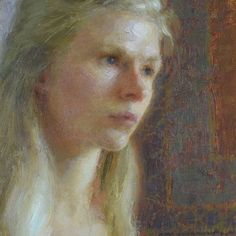 a painting of a woman with long blonde hair looking off into the distance, in pastel