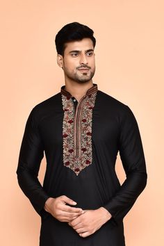 Black cotton kurta with thread embroidery. Comes with cream art silk dhoti pant. - Aza Fashions Black Kurta, Kurta Cotton, Kurta Patterns, Cream Art, Dhoti Pants, Cotton Kurta, Thread Embroidery, Band Collar, Plain Black