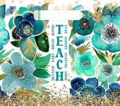 a card with blue flowers and gold glitters