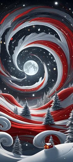 an artistic painting with red and white swirls in the night sky above snow covered trees