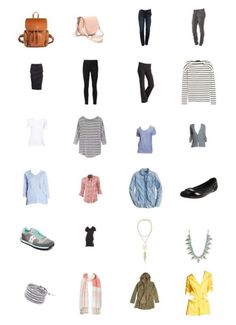 an assortment of clothes and shoes arranged in the shape of a rectangle on a white background