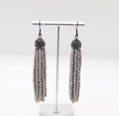 Sterling Grey Tassel Earrings Overall Design, Silver Tassel Earrings, Sterling Grey, Silver Top, Beaded Tassel Earrings, Grey Beads, Silver Tops, Christmas Sale, Tassel Earrings