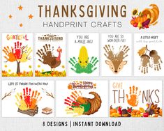 thanksgiving handprint crafts with turkeys, pumpkins and cornucts on them