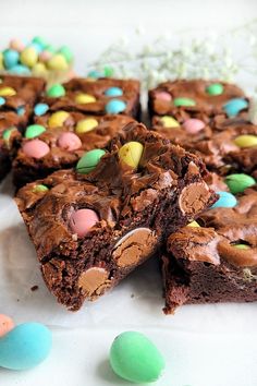 chocolate brownies with easter eggs on the side