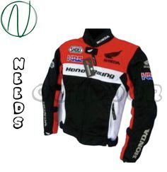 an image of a motorcycle jacket with the words honda on it and a photo of another bike