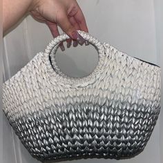 This Beautiful Two Tone Sliver And White Gradient Bag. In The Serpui Marie Monique Style Made Out Of Wicker And Has A Beautiful Clean Lining With A Working Zipper. Bag Has Some Call Outs On One Side As Shown On Picture. Perfect Vacation Bag. Dimensions Of The Purse Are W: 13-14 Inches From The Up Top Section L: 11 Inches Open To Offers ! Trendy White Bag With Silver-tone Hardware, Chic Silver Bag For Summer, Chic Silver Bags For Summer, Trendy Silver Bags With Handles, Silver Shoulder Bag For Summer Shopping, Silver Shoulder Bag For Summer, Silver Tote Shoulder Bag, Silver Clutch Shoulder Bag For Shopping, Silver Rectangular Shoulder Bag For Summer