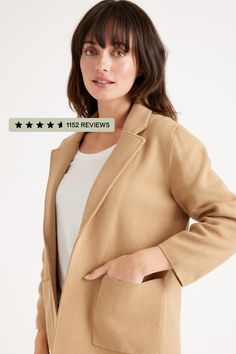 Layer up and level up. We present to you: the knit blazer. This 100% organic cotton blazer is a great addition to throw on for a slightly more formal look without the usual stiff blazer feeling. With a polished lapel, two patch pockets, and bracelet-length sleeves it's giving CEO vibes, but effortless.  | Quince | Women's Knit Blazer in Camel, Organic Cotton, Size Small Trendy Fall Everyday Blazer, Trendy Everyday Fall Blazer, Tailored Everyday Blazer For Fall, Winter Blazer With Lapel Collar For Everyday Wear, Everyday Winter Blazer With Lapel Collar, Relaxed Fit Notch Lapel Blazer For Everyday, Everyday Notch Lapel Blazer With Relaxed Fit, Everyday Relaxed Fit Blazer With Notch Lapel, Everyday Beige Blazer For Fall