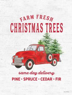 an old red truck with a christmas tree on the back is advertising farm fresh christmas trees