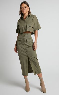 Davina Two Piece Set - Button Front Top and Midi Skirt Two Piece Set in Khaki | Showpo USA One Set Outfit, Safari Outfit, Green Two Piece, Midi Skirt Set, Denim Texture, Long Denim Skirt, Skirt And Top Set, Skirt Trends, Top Skirt Set